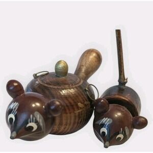 2 Kokeshi Dolls Raccoon Japanese Teapot Wooden Handpainted Trinkets Carved Vtg